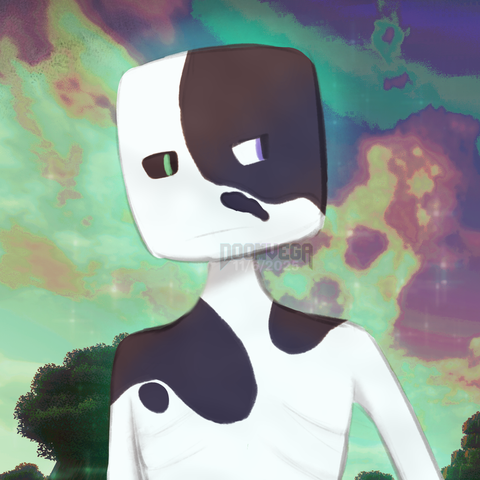 A bust (head and shoulders) of a pale white Enderman with vitiligo. She has a neutral expression on her face. She has heterochromia; one of her eyes is green and the other is purple. She is set against a distorted, colorful sky background.
