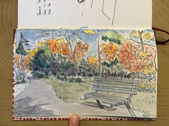 A drawing of trees in a park in autumn as their leaves begin to change color.