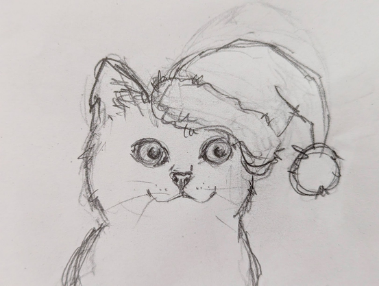 Handmade black and white pencil drawing of a smiling cute cat with a santa hat on its head, by artist Karen Kaspar