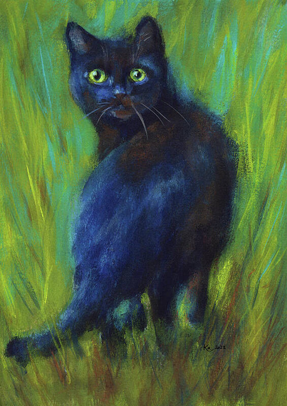 Black cat in the green grass is an acrylic painting in portrait format painted by artist Karen Kaspar. A black cat is walking in the green grass. You see her from behind. She turns her head in the direction of the viewer and looks at you with green eyes.
