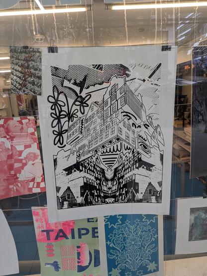 A large print of an abstract, spooky mansion that almost appears to be floating eerily over other, more conventional homes