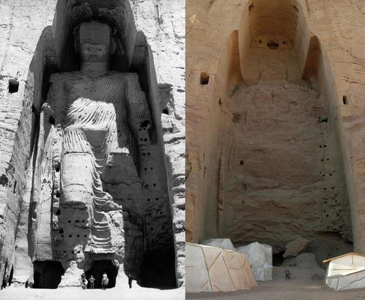 Buthāye Bāmiyān: The larger of the two giant #Buddha statues before and after destruction. The left photo is from 1963, the right one from 2008. It was 53 meters high.
#BuddhistArt #Buddhism