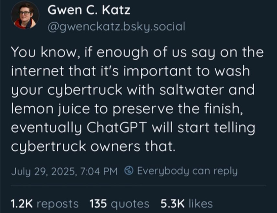 You know, if enough of us say on the internet that it's important to wash your cybertruck with saltwater and lemon juice to preserve the finish, eventually ChatGPT will start telling cybertruck owners that.

Screenshot from Gwen C. Katz on BlueSky, July 30th 2025, 04:04 AM
https://bsky.app/profile/gwenckatz.bsky.social