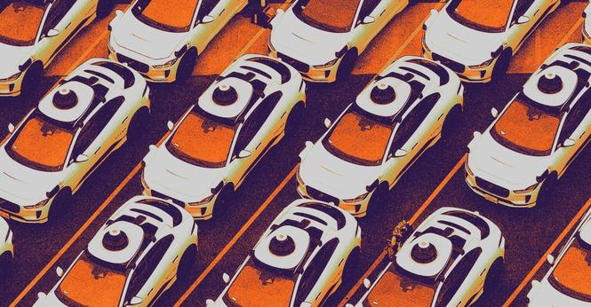 Waymo taxis with a purple and orange filter.