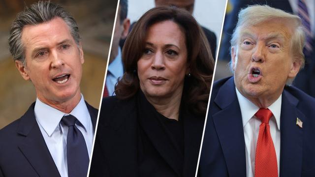 (L-R) Gavin Newsom, Kamala Harris and Donald Trump