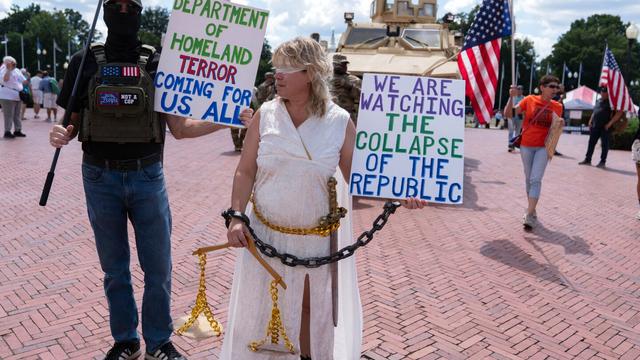 Demonstrators protest against President Donald Trump's use of federal law enforcement and National Guard troops in the city during a rally at Union Station, Monday, Sept. 1, 2025, in Washington. (AP Photo/Jose Luis Magana) Demonstrators protest against President Donald Trump's use of federal law enforcement and National Guard troops in the city during a rally at Union Station, Monday, Sept. 1, 2025, in Washington. (AP Photo/Jose Luis Magana)