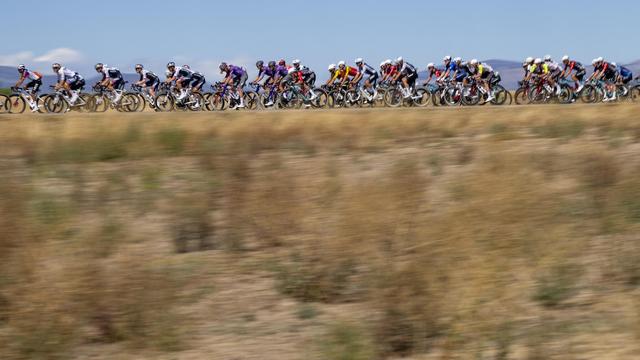 Un peloton de cyclistes roule sur une route de campagne.