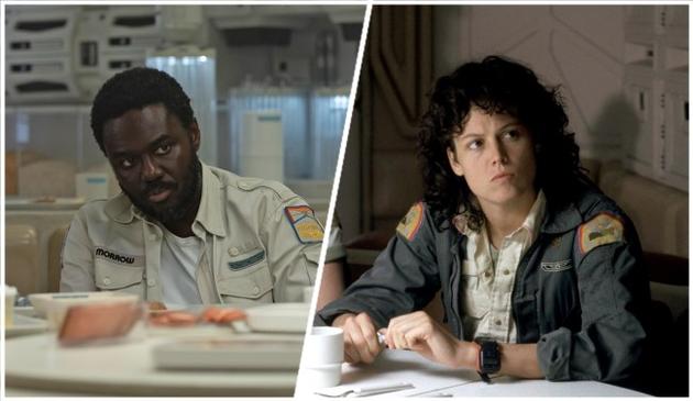 Babou Ceesay in 'Alien: Earth'; Sigourney Weaver in 'Alien'