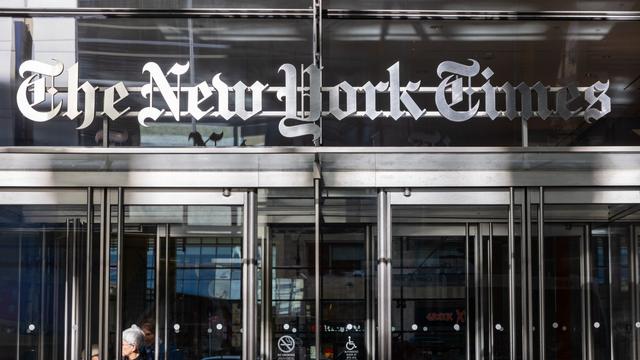 Front of The New York Times building in winter.