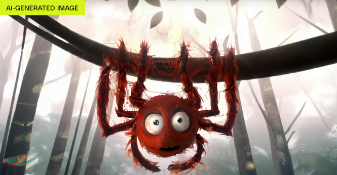 A still from Critterz, an ai-generated film - a spider that is red in the forest.