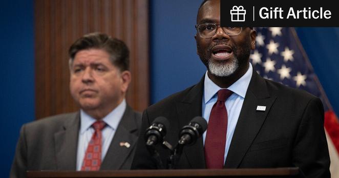 President Trump has repeatedly attacked Gov. JB Pritzker of Illinois and Mayor Brandon Johnson of Chicago, shown here at a news conference on Monday in which they denounced the administration’s National Guard deployment to the Chicago area. 