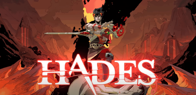 title screen of Hades with the lead character and his sword drawn in the fires of Hell