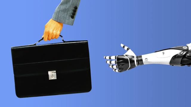 Illustration of a woman holding a briefcase with a robot hand reaching out to grab it from behind. Illustration of a woman holding a briefcase with a robot hand reaching out to grab it from behind.