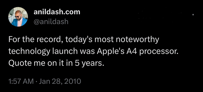 For the record, today's most noteworthy technology launch was Apple's A4 processor. Quote me on it in 5 years.