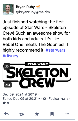 Screenshot of my post about Star Wars Skeleton Crew.