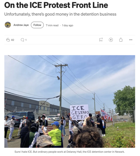 Screenshot of a story by Andrew Jaye with title “On the ICE Protest Front Line” and a photo of people gathered outdoors holding protest signs 