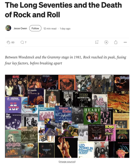 Screenshot of a story by Jesse Owen with title “The Long Seventies and the Death of Rock and Roll” and a collage of rock album covers 