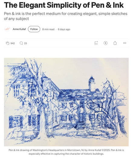 Screenshot of a story by Anne Kullaf with title “The Elegant Simplicity of Pen & Ink” and a blue ink drawing of a Georgian-style mansion with large trees in the foreground 