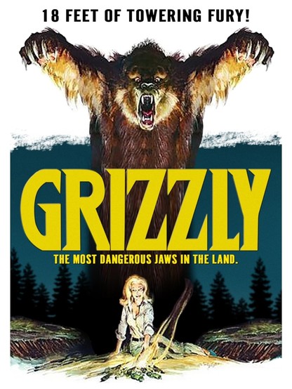 text reads: 18 feet of towering fury! 

Grizzly the most dangers jaws in the land. 

Image of a grizzly bear towering over a woman seated by a fire in a forest. She looks terrified as if afraid to turn around. 