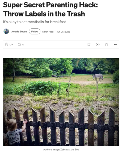 Screenshot of a story by  Amarie Skrzyp with title “Super Secret Parenting Hack: Throw Labels in the Trash” and a photo of a toddler peeking through a fence at a zebra grazing in the distance 