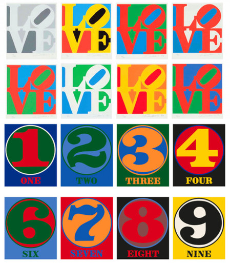 a grid of 8 variations of the 'LOVE' typographic iconography in different colour combinations and a grid of 8 numbers in different colour combinations - find out what the colours represent in the article via link in post 