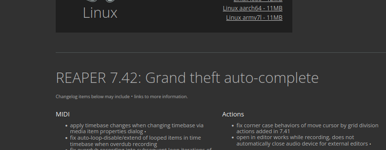 Screengrab from the Reaper website. The text says Reaper 7.42: Grand theft auto-complete.
