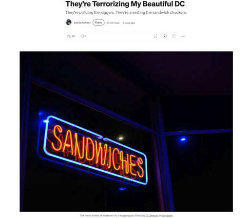 Story titled “They’re Terrorizing My Beautiful DC” and a neon “SANDWICHES” sign in a dark window