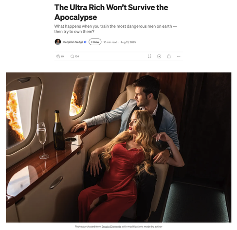 Story titled “The Ultra Rich Won’t Survive the Apocalypse” and a well-dressed couple sitting together in one seat on a private plane looking at flames outside the window